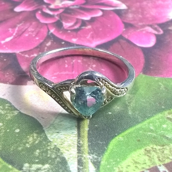 💙 Gorgeous Aquamarine Heart Sterling Silver Ring / Vintage sz 8 - Picture 7 of 7